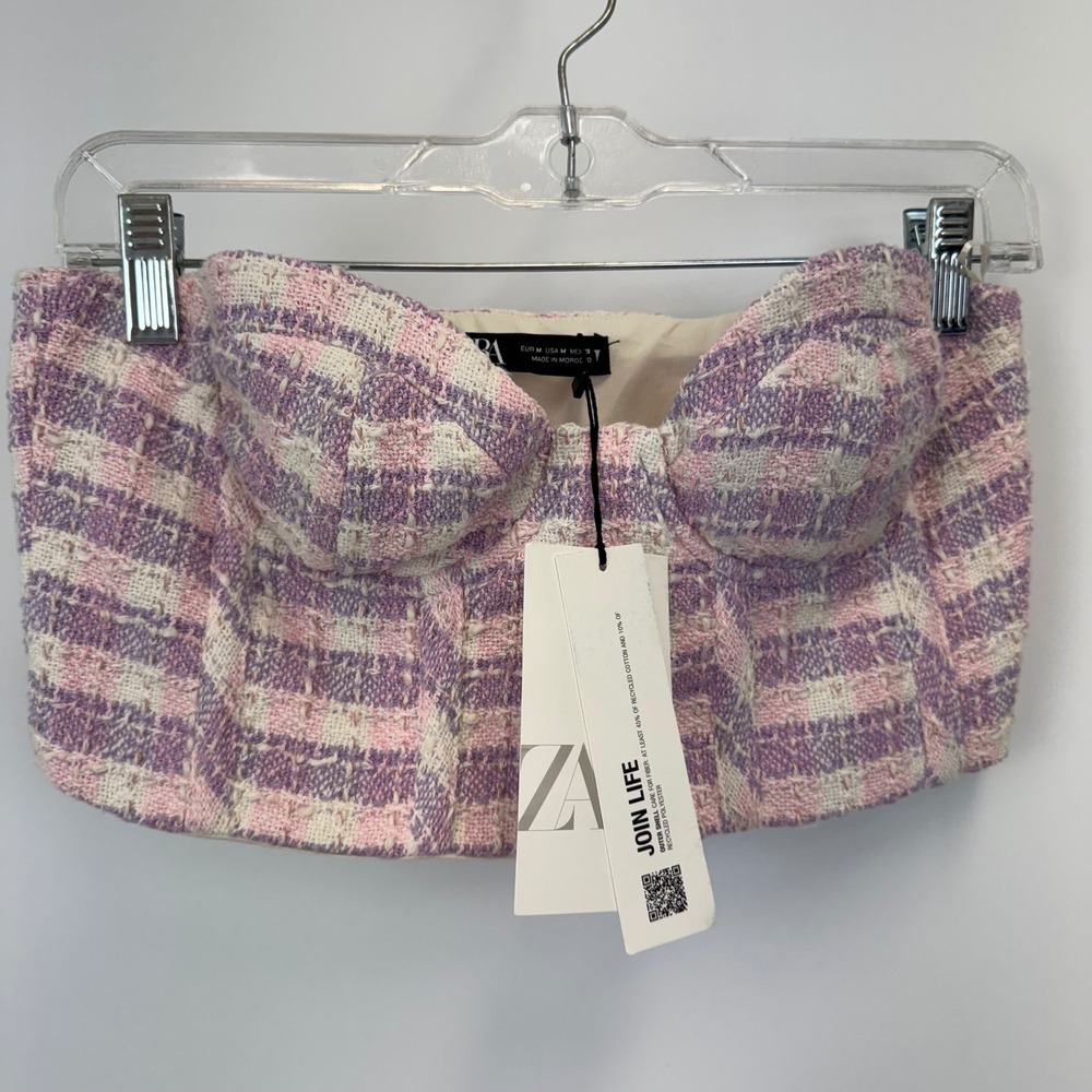 Zara Tweed Bustier Crop Top Pink Purple Plaid‎ Size M NWT